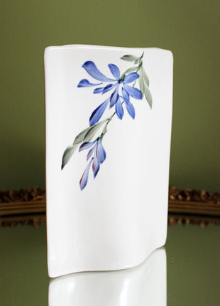 Rectangular Vase. Porcelain Flatten Vase with Hand Painted Blue Flowers.