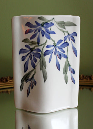 Rectangular Vase. Porcelain Flatten Vase with Hand Painted Blue Flowers.