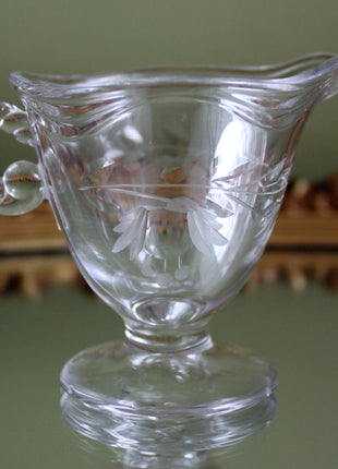 Vintage Cut Glass Footed Creamer with Hobnail Handle with Cut Flowers and Leaves