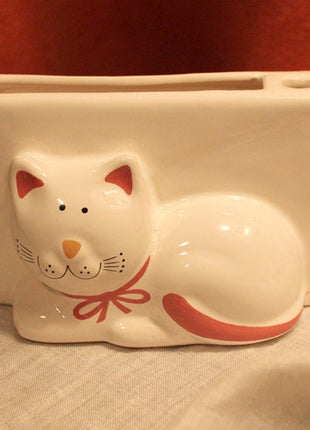 Note Paper and Pen Holder. Pottery Box Decorated with Hand Painted Kitty Made in Brazil.