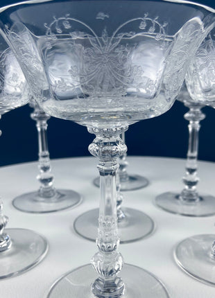 6 Fostoria Crystal Wine Glasses - Heisey Orchid Etch