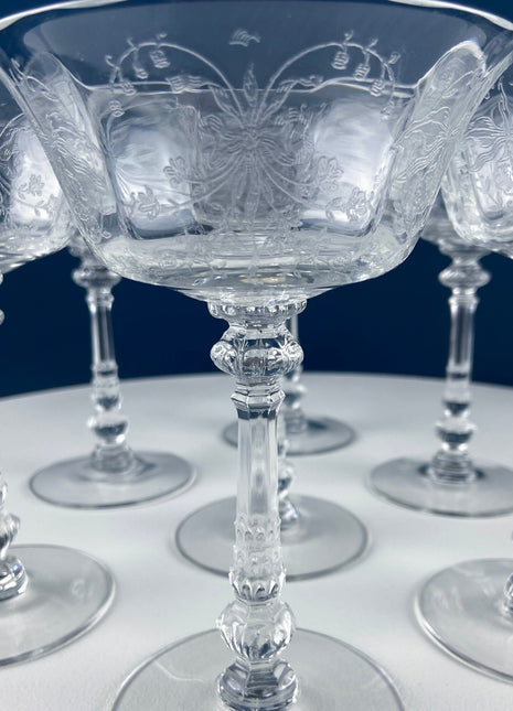 6 Fostoria Crystal Wine Glasses - Heisey Orchid Etch