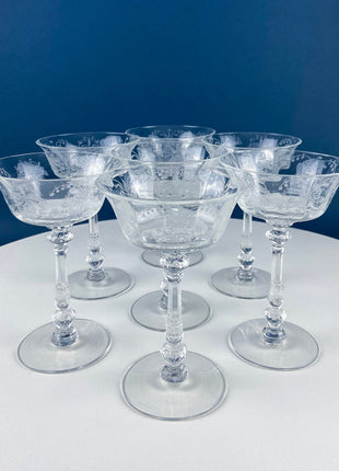 6 Fostoria Crystal Wine Glasses - Heisey Orchid Etch