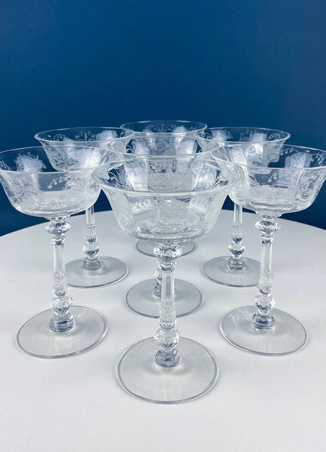 6 Fostoria Crystal Wine Glasses - Heisey Orchid Etch