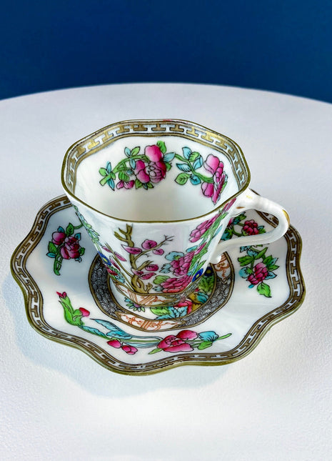 Vintage Royal Coalport Tea Cup and Saucer. Made in England. Stunning Hand Painted Asian Floral Motif. Peonies and Trees. Dining Room Decor.