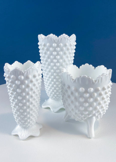 Collection of Hobnail Milk Glass Vases. Set of 3 White, Varying Shapes & Sizes. Scalloped Edges. Contemporary Cottage. Modern Farmhouse.