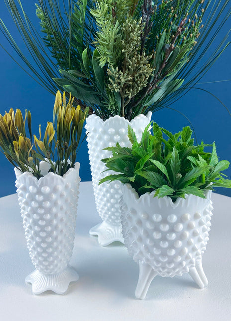 Collection of Hobnail Milk Glass Vases. Set of 3 White, Varying Shapes & Sizes. Scalloped Edges. Contemporary Cottage. Modern Farmhouse.