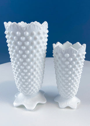 Collection of Hobnail Milk Glass Vases. Set of 3 White, Varying Shapes & Sizes. Scalloped Edges. Contemporary Cottage. Modern Farmhouse.