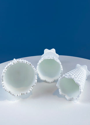 Collection of Hobnail Milk Glass Vases. Set of 3 White, Varying Shapes & Sizes. Scalloped Edges. Contemporary Cottage. Modern Farmhouse.