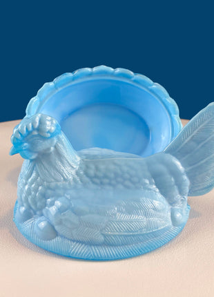 Lt. Blue Milk Glass Hen in a Basket. Milk Glass Chicken Sitting on Eggs in a Basket. Butter Dish, Storage Bowl with Lid. Collectible Hen.