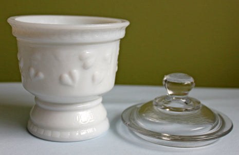 Milk Glass Jar with Lid. Container for Serving Jam or Honey. Jar Has Embossed Ivy Leaves.