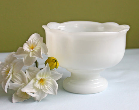 Avon Milk Glass Oval Ribbed Footed Dish with Scalloped Rim