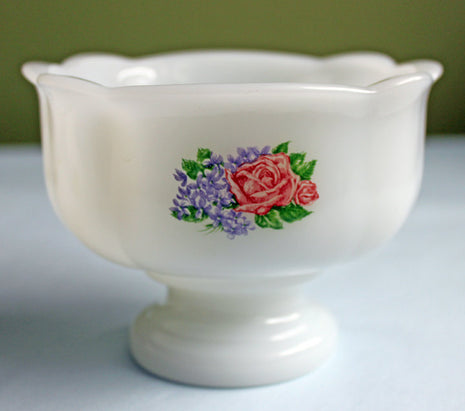 Avon Milk Glass Oval Ribbed Footed Dish with Scalloped Rim