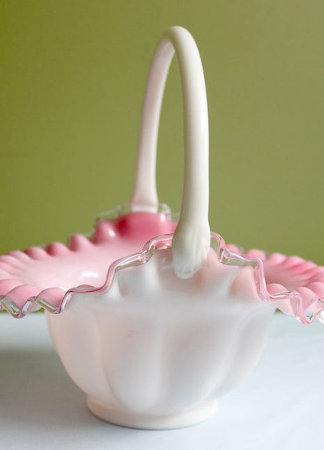 Crystal Basket / Pink Crest and Silvercrest Bowl with Handle. Ruffled Scalloped Rim. Gift for Her.