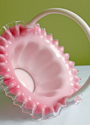 Crystal Basket / Pink Crest and Silvercrest Bowl with Handle. Ruffled Scalloped Rim. Gift for Her.