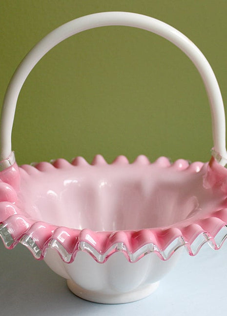 Crystal Basket / Pink Crest and Silvercrest Bowl with Handle. Ruffled Scalloped Rim. Gift for Her.