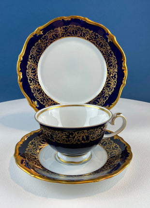 Antique Dark Cobalt Blue Cup & Saucer Trio with Golden Floral Hand Painted Trim. Rosenthal Fine Porcelain Tea Coffee Set. Dining Room Decor.