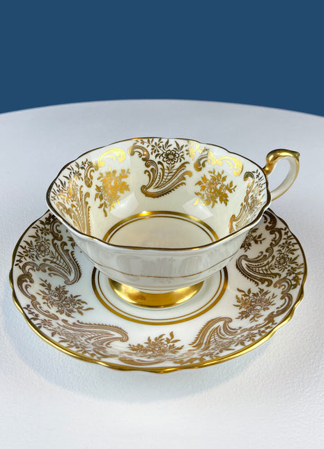 Stunning Antique White and Gold Cup and Saucer. Paragon Porcelain, Floral Motif. By App. to Her Majesty the Queen Potters. Dining Room Decor