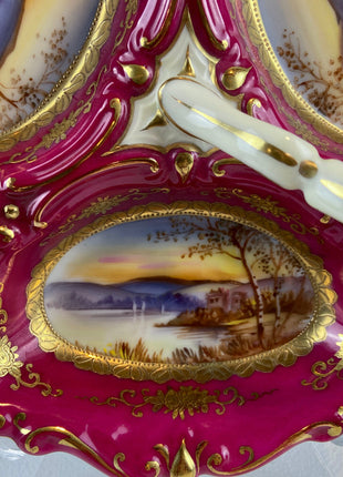 Antique 3 Part Porcelain Serving Dish. Stunning 3 Different Hand Painted Landscapes. Rare Collectible Art Dish. Divided Bowl with Handle.