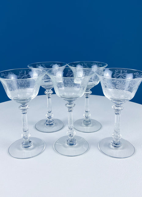 Heisey Sweet Wine Glasses. Set of 5 Orchid Pattern Etched Crystal Sherbets. Home Gift. Dining Room Decor. Collectible Glassware.