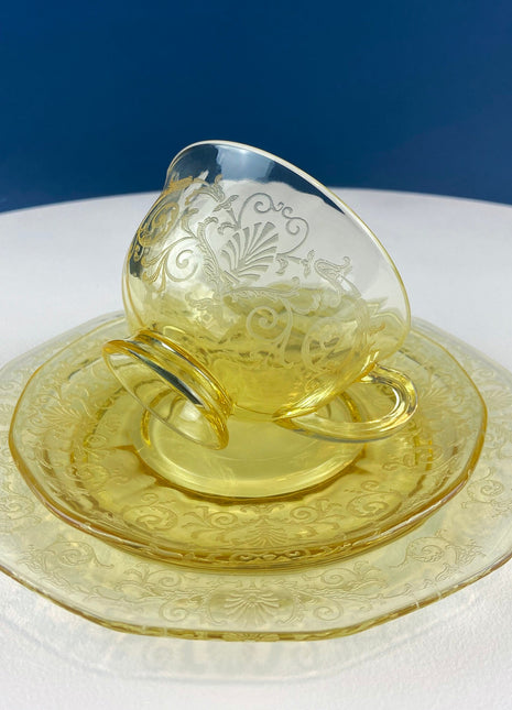 Vintage Topaz Fostoria Tea Set Trio. Versaille Pattern Cup, Saucer, and 7.5" Dessert/Salad Plate. Fine Table Glassware. Gold Table Decor.