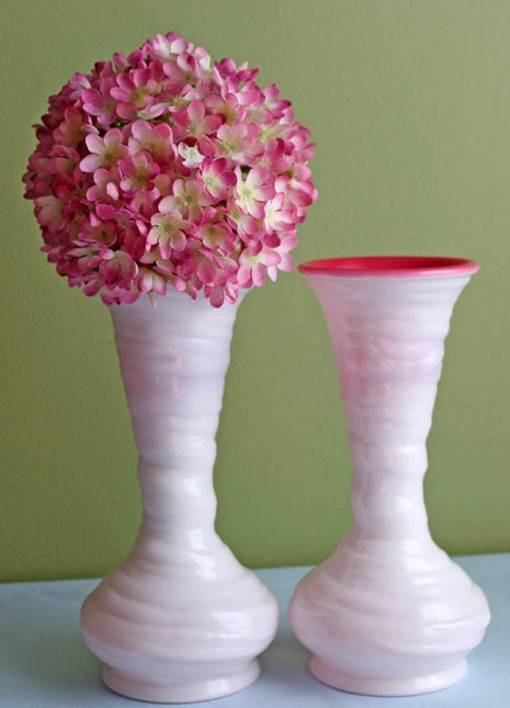Fenton Milk and Pink Glass Cramped Vases - Hand Formed Swirl
