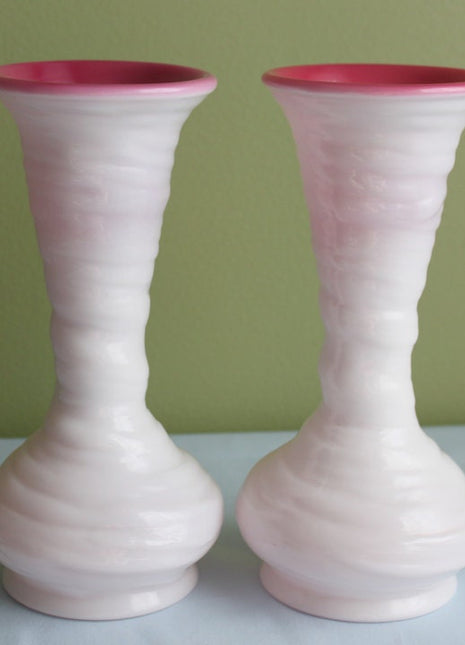 Fenton Milk and Pink Glass Cramped Vases - Hand Formed Swirl