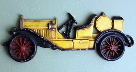 Antique Cast Metal Yellow Car. Wall Hanging Rustic Home Decoration. Ready to Hang. Made by Sexton, USA.