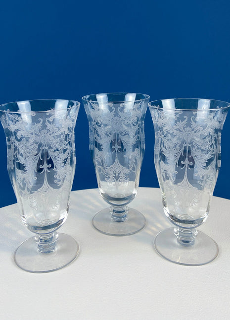 Tiffin Franciscan Water or Juice Glasses. Set of Five Byzantine Etched Stemware. Floral Motif. Fine Dining. Collectible Stemware.