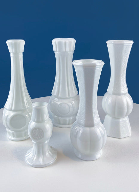 Collection of White Milk Glass Vases with Coin Imprint. Set of Five in Varying Shapes & Sizes. Contemporary Cottage or Modern Farmhouse.