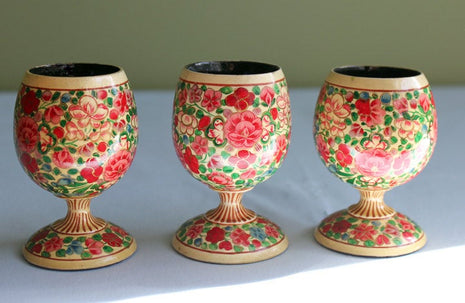 Set of 3 Wood Turned Egg Stand Bowls - Hand Painted Folk Style
