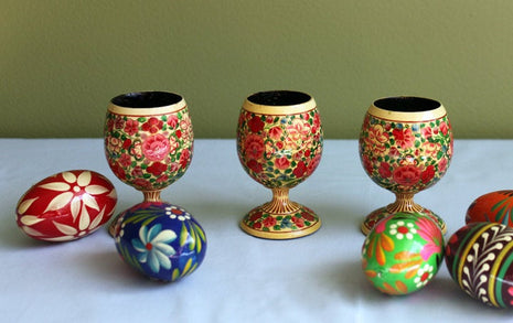 Set of 3 Wood Turned Egg Stand Bowls - Hand Painted Folk Style