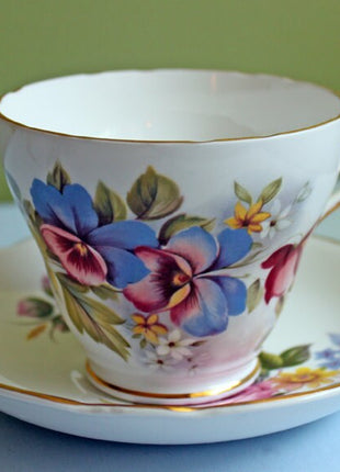 Tea Cup and Saucer Set - Hand Painted Pansies and Roses by Regency