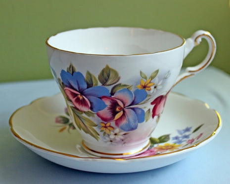 Tea Cup and Saucer Set - Hand Painted Pansies and Roses by Regency