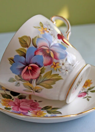 Tea Cup and Saucer Set - Hand Painted Pansies and Roses by Regency