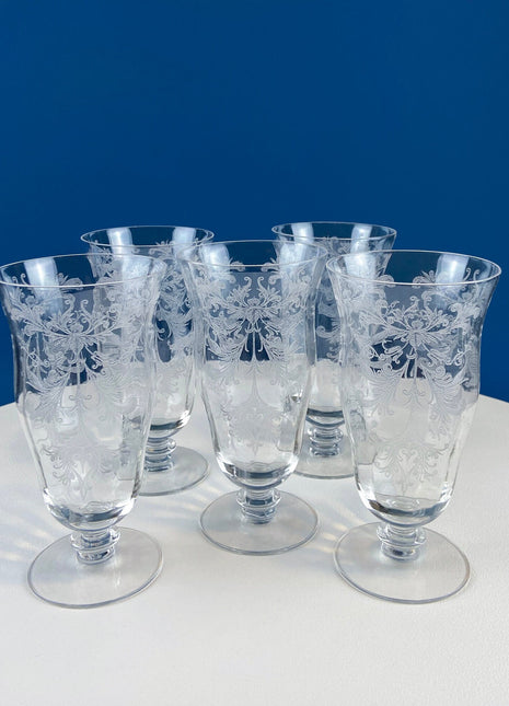 Tiffin Franciscan Water or Juice Glasses. Set of Five Byzantine Etched Stemware. Floral Motif. Fine Dining. Collectible Stemware.
