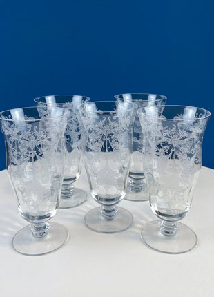 Antique Tiffin Franciscan Cherokee Rose Pattern , Set of Five Juice/ Rose Water Glasses.