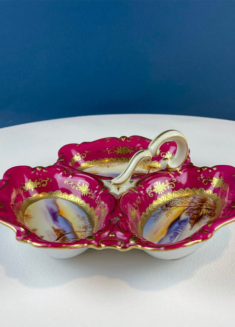 Antique 3 Part Porcelain Serving Dish. Stunning 3 Different Hand Painted Landscapes. Rare Collectible Art Dish. Divided Bowl with Handle.
