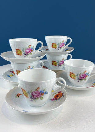 Antique Hutschenreuther Porcelain Coffee Set. Coffee or Teapot, Sugar Jar, Creamer, 2 8" Dessert Plates, & 6 Tea Cups/Saucers. Floral Motif.