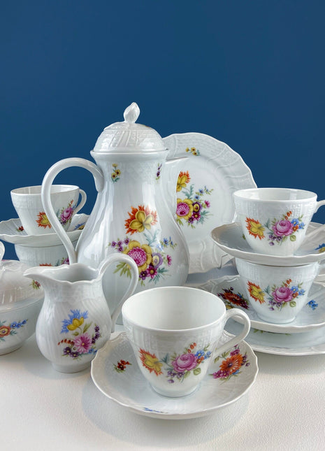 Antique Hutschenreuther Porcelain Coffee Set. Coffee or Teapot, Sugar Jar, Creamer, 2 8" Dessert Plates, & 6 Tea Cups/Saucers. Floral Motif.