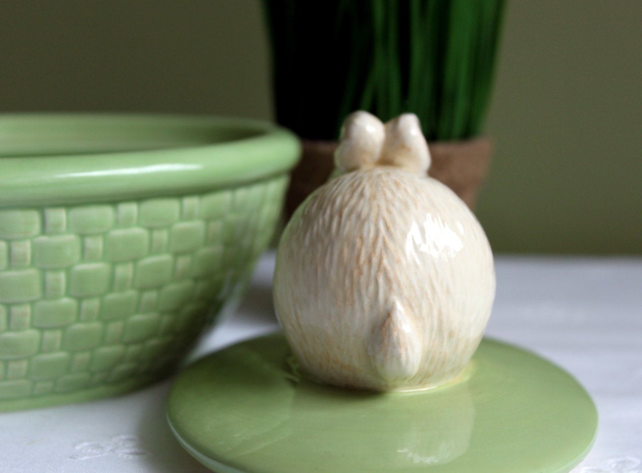 White Ceramic Bunny with Green Bow. Pink-Nosed, Blue-Eyed Rabbit