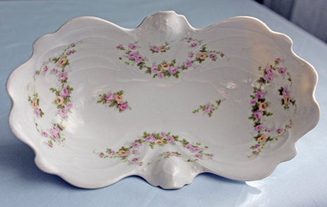 Fine Porcelain Oval Dish with Embossing and Hand Painted Roses