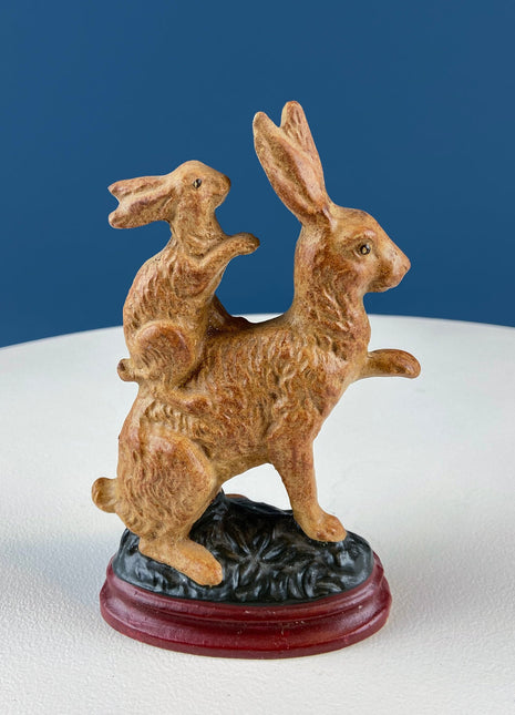 Brown Mom Bunny Figurine Carrying Baby Rabbit on her Back. Cute Rustic Ceramic Easter Decor. Spring Celebration. Modern Farmhouse.