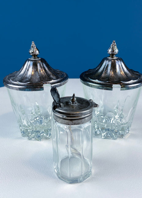 Vintage Collection of Clear Glass Jars with Silver Plated Covers. Relish, Jam, Preserves Serving Dishes with Lids. Set of 3. Table Decor.