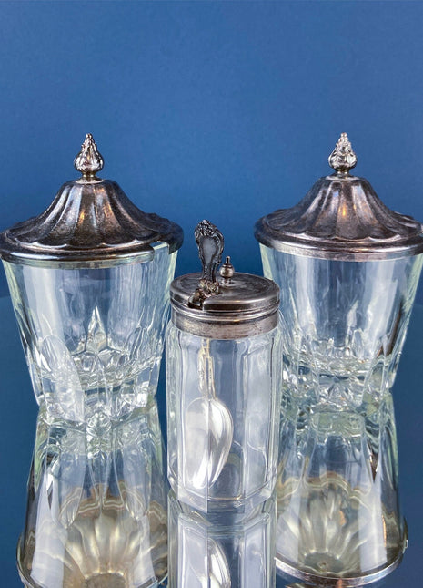 Vintage Collection of Clear Glass Jars with Silver Plated Covers. Relish, Jam, Preserves Serving Dishes with Lids. Set of 3. Table Decor.