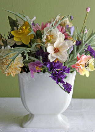 Silk Flower Arrangement Bouquet in Vintage Milk Glass Vase