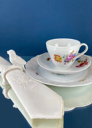 Antique Hutschenreuther Porcelain Coffee Set. Coffee or Teapot, Sugar Jar, Creamer, 2 8" Dessert Plates, & 6 Tea Cups/Saucers. Floral Motif.