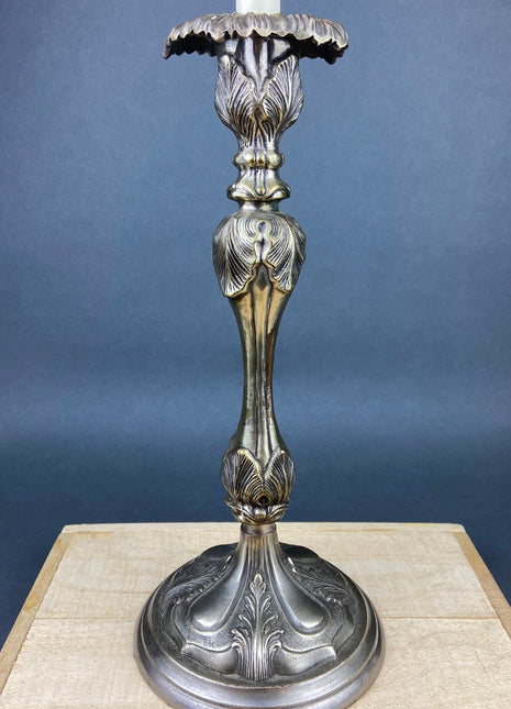 Antique Pillar Candle Holder/Silver Plated Candle Stand/Art Nouveau Relief. Fine Dining.