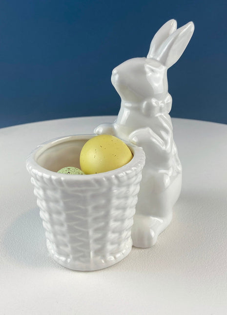 White Ceramic Bunny with Basket. Cute Minimal Standing Rabbit. Bunny Planter or Candy Dish. Kids Room Decor. Easter Decor. Dining Room Decor