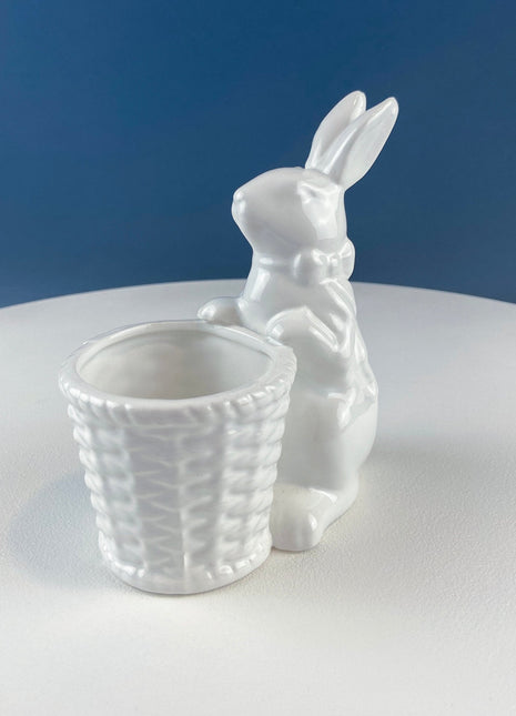 White Ceramic Bunny with Basket. Cute Minimal Standing Rabbit. Bunny Planter or Candy Dish. Kids Room Decor. Easter Decor. Dining Room Decor